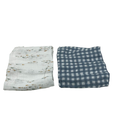 Lulujo Muslin Swaddle Blankets 2 Pack, Fish and Navy Gingham