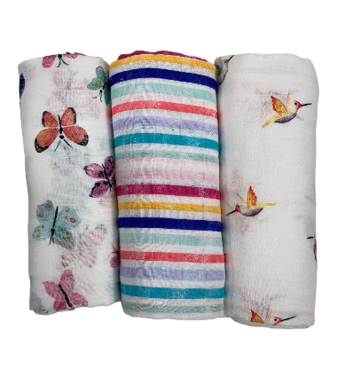 Lulujo Muslin Swaddle Blankets, 3 Pack, Garden Friends