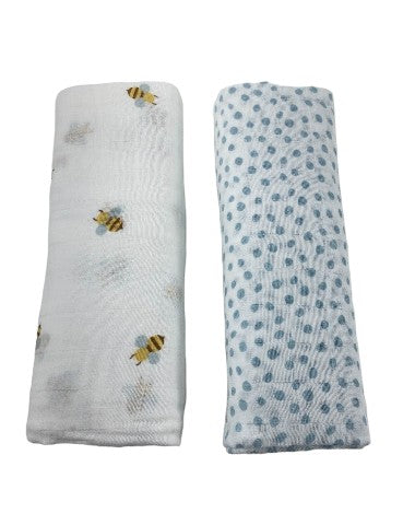 Lulujo Muslin Swaddle Blankets 2 Pack, Bees and Blue Dots