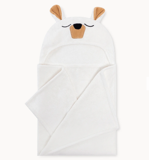White baby blanket with bear ears and face on a white background