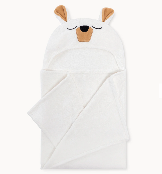 White baby blanket with bear ears and face on a white background