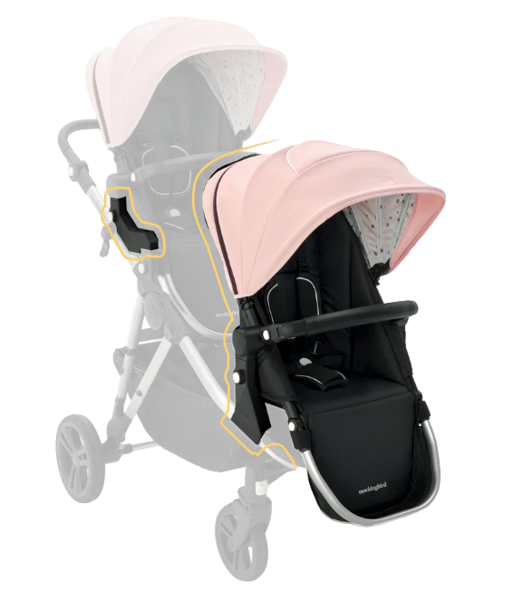 Pink stroller with a black seat on a white background