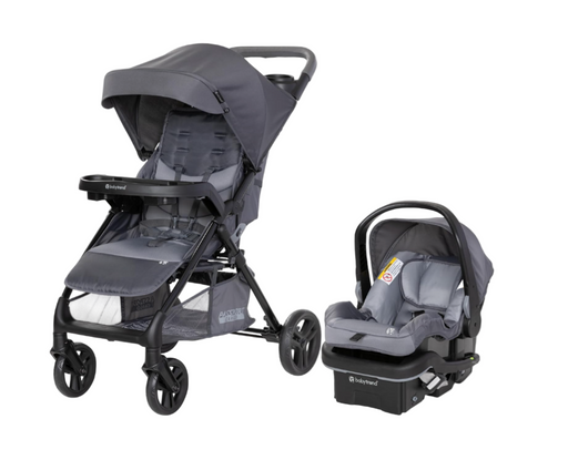 Collage of a gray stroller and car seat on a white background