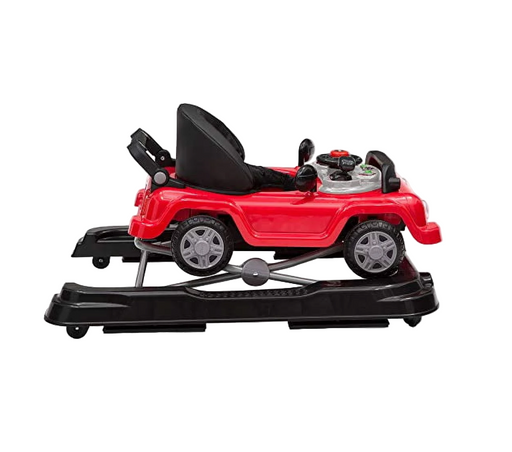 Red toy car with black seat on a white background