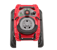 Red and black device with a central wheel on a white background