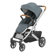 Gray and black stroller with brown handles on a white background