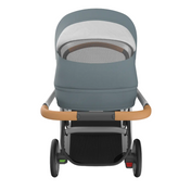 Gray stroller with brown handle on a white background