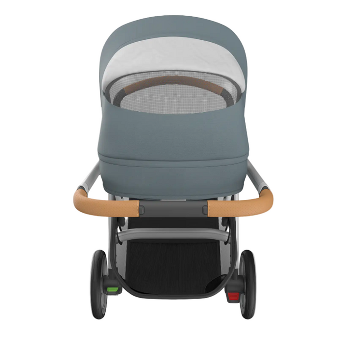 Gray stroller with brown handle on a white background