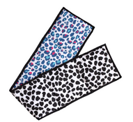 Two leopard print towels, one blue and pink, one black and white, on a light gray background.