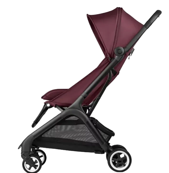 Maroon stroller with black frame on a white background