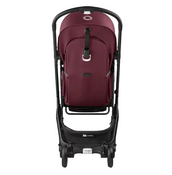 Maroon baby stroller with black frame on a white background