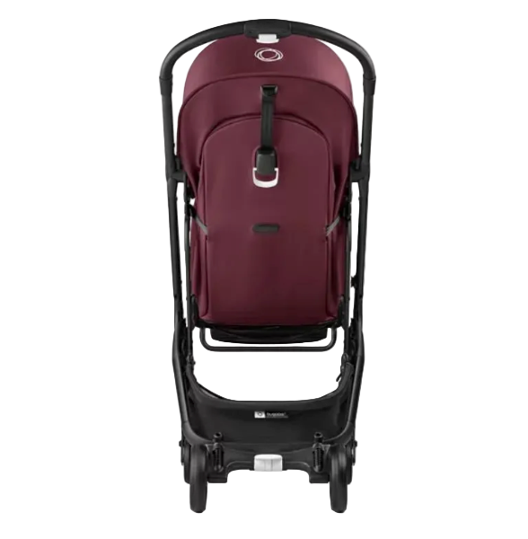 Maroon baby stroller with black frame on a white background