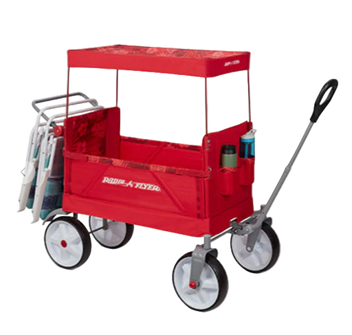 Red Radio Flyer wagon with canopy on a white background
