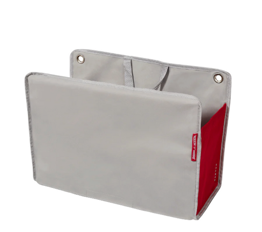 Gray and red fabric organizer on a white background