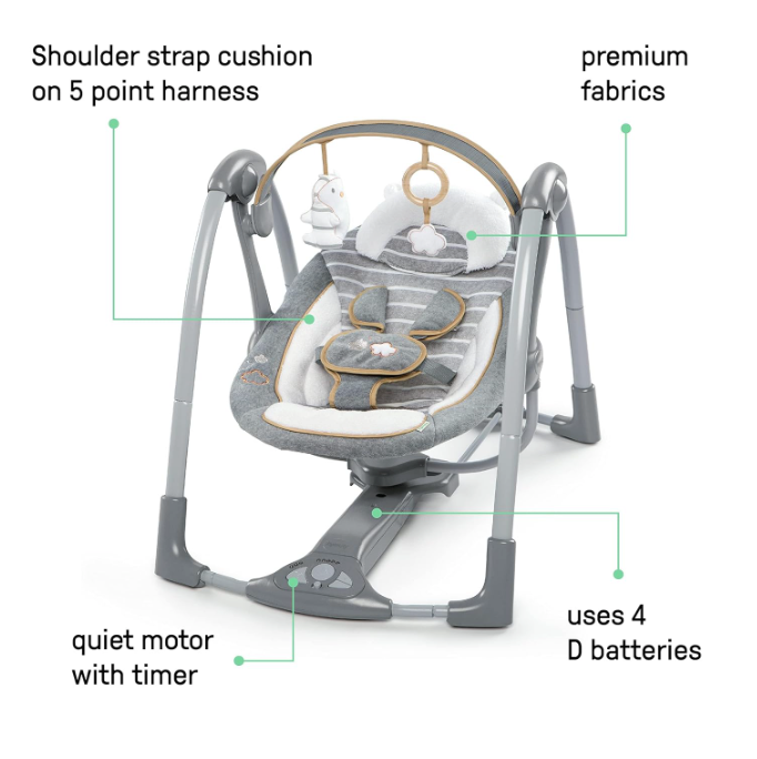 Baby swing with features highlighted on a white background