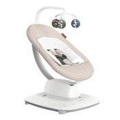 Baby swing with a white base and beige seat on a white background