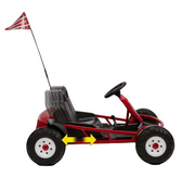Red toy go-kart with a checkered flag on a gray background