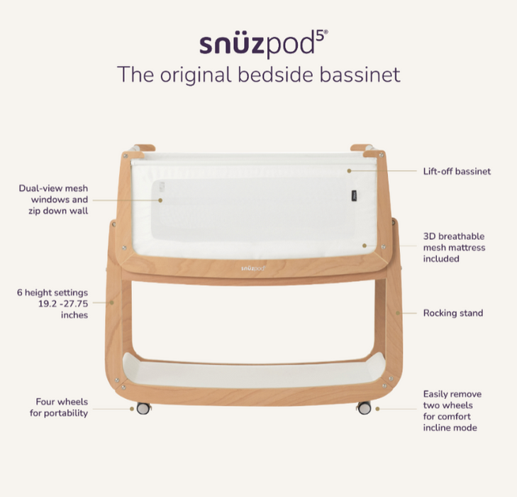 Snuz SnuzPod5 Bedside Bassinet, Natural