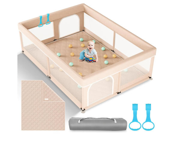 Omzer Baby Playpen with Mat, Beige, 71"x59"