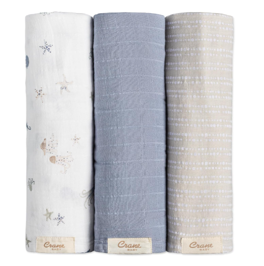 Shop Crane Baby Cotton Muslin Swaddle Blankets Set of 3, Sea Life at GoodBuy Gear