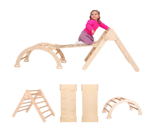 Wood and Hearts Montessori Climbing Set of 3, Large, Natural Wood