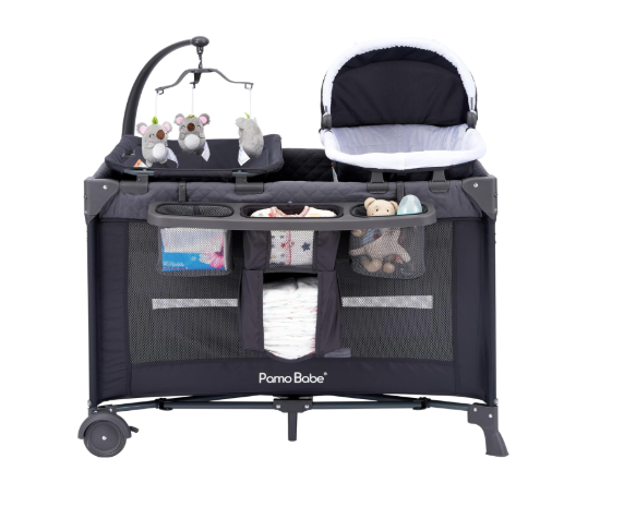 Pamo Babe Magic Fold One-Step Baby Playard with Bassinet & Changing Table, Black