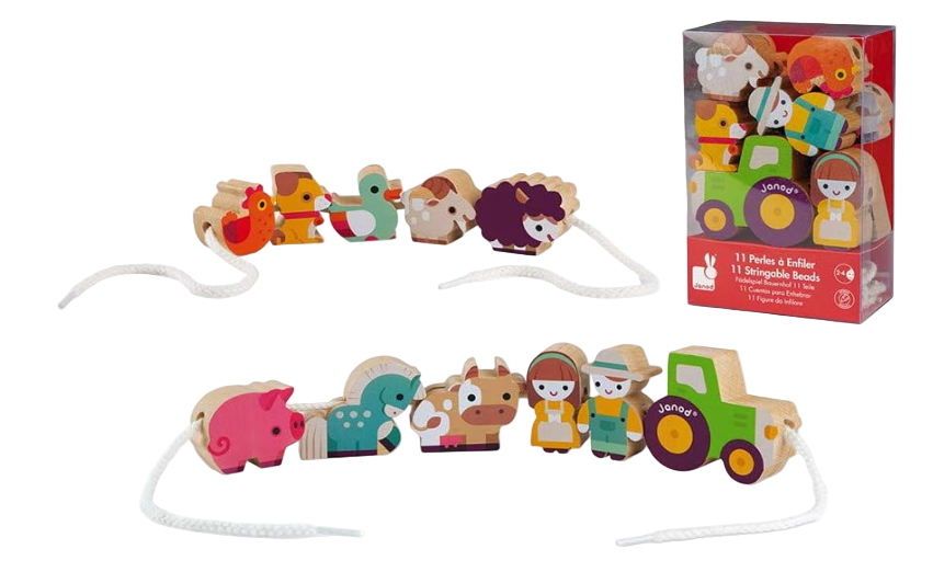Janod Stringable Farm-Themed Wooden Beads, 11 Pieces