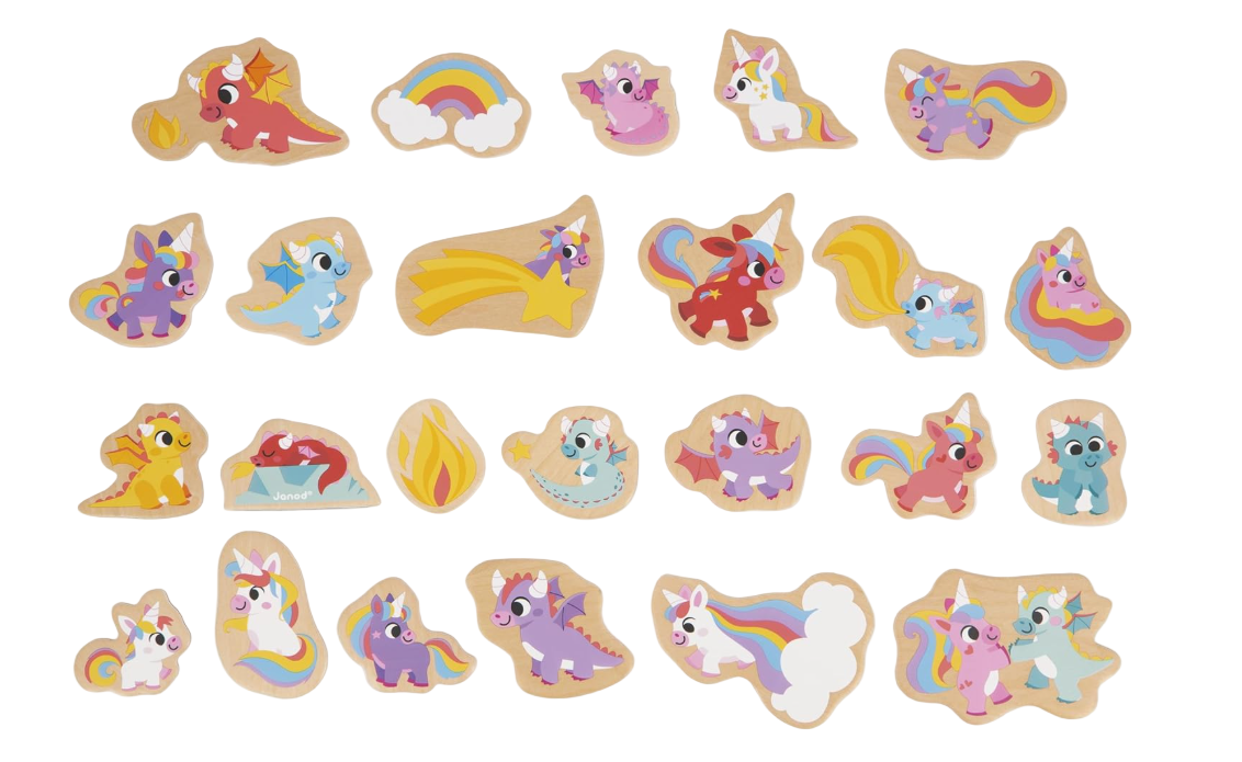 Janod 24 Piece Wooden Magnet Set, Unicorns and dragons