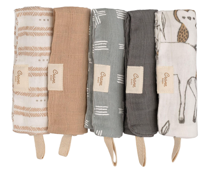 Crane Baby Wash Cloths 5-Piece Set, Ezra (Woodland Animal)
