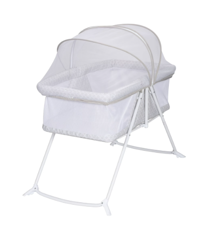 A white bassinet with a canopy and mesh sides.