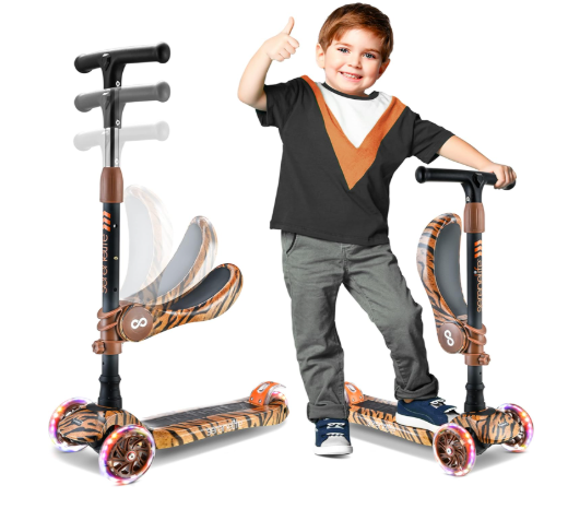 SereneLife 3 Wheeled Sit/Stand Scooter for Kids, Tiger