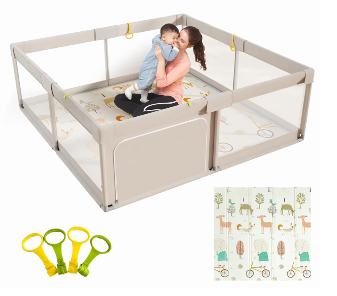 Mloong Baby Playpen With Mat, 59"x59", Medium Gray