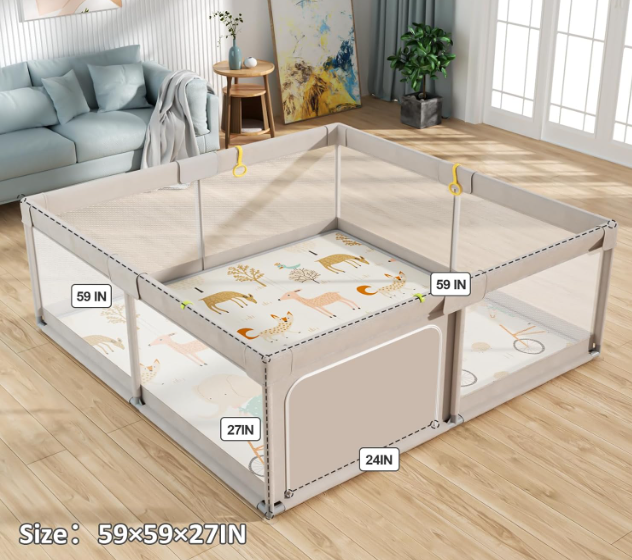Mloong Baby Playpen With Mat, 59"x59", Medium Gray