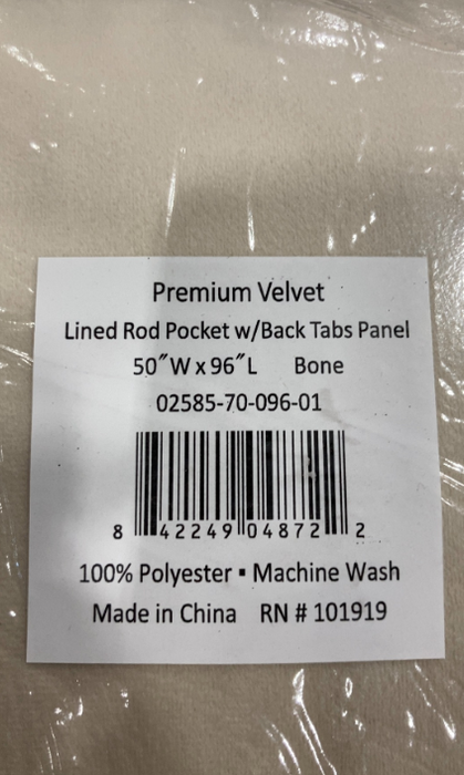 Ricardo Trading Premium Velvet Rod Pocket With Back Tab, 50"x96", Bone