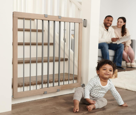 Regalo  Heritage and Home Wooden Extra Wide Stairway and Hallway Walk Through Baby Safety Gate with Mounting Kit, 23.5-42"W x 30"H, Dusty Oak