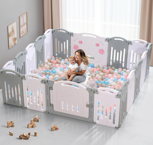 UANLAUO Baby Playpen, 18 Panels, White/Grey