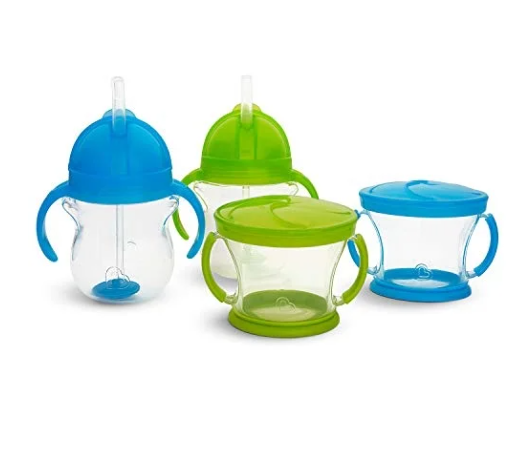 Munchkin Happy Snacker Snack Catcher and Toddler Weighted Straw Sippy Cup Set, Blue/Green