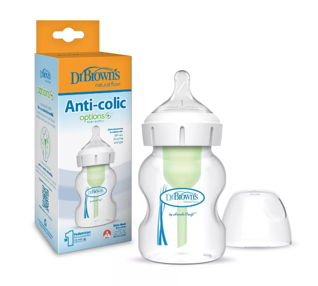 Dr. Brown's Natural Flow Anti-Colic Options+ Wide-Neck Baby Bottle, 5 oz, 1 pack, Level 1 Slow Flow Nipple, 0m+