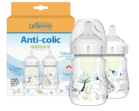 Dr. Brown's Natural Flow Anti-Colic Options+ Wide-Neck Baby Bottle, Jungle, 2 Pack, 5 oz, Level 1 Slow Flow Nipple, 0m+
