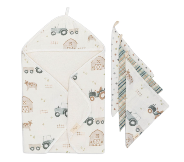Crane Baby Hooded Towel & Washcloth Set, Farmhouse Tractor