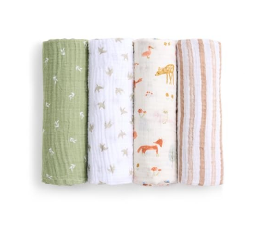 Aden + Anais Cotton Muslin Swaddle, 4pk, Sage Woodland