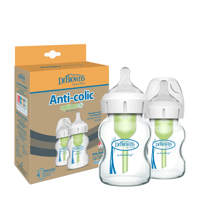 Dr. Brown's Options+ Anti Colic Wide Neck Glass Bottles 2-Pack, 5 oz/150 ml