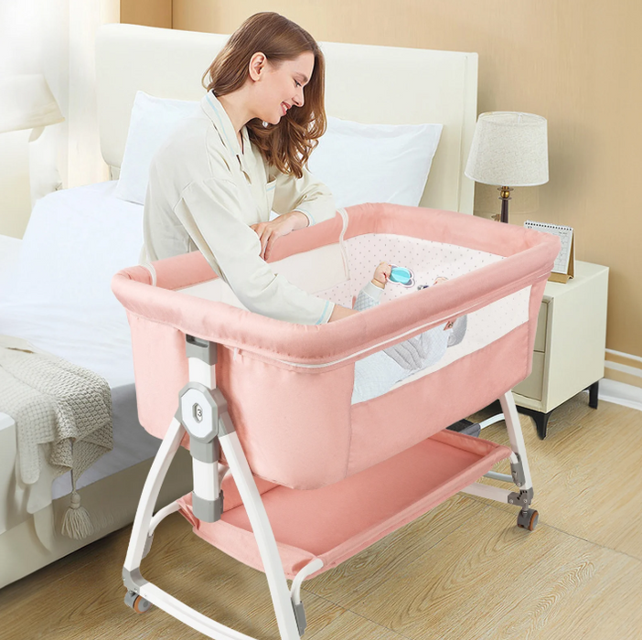 Jojolam 5-in-1 Infant Bedside Crib with Changing Table, Pink