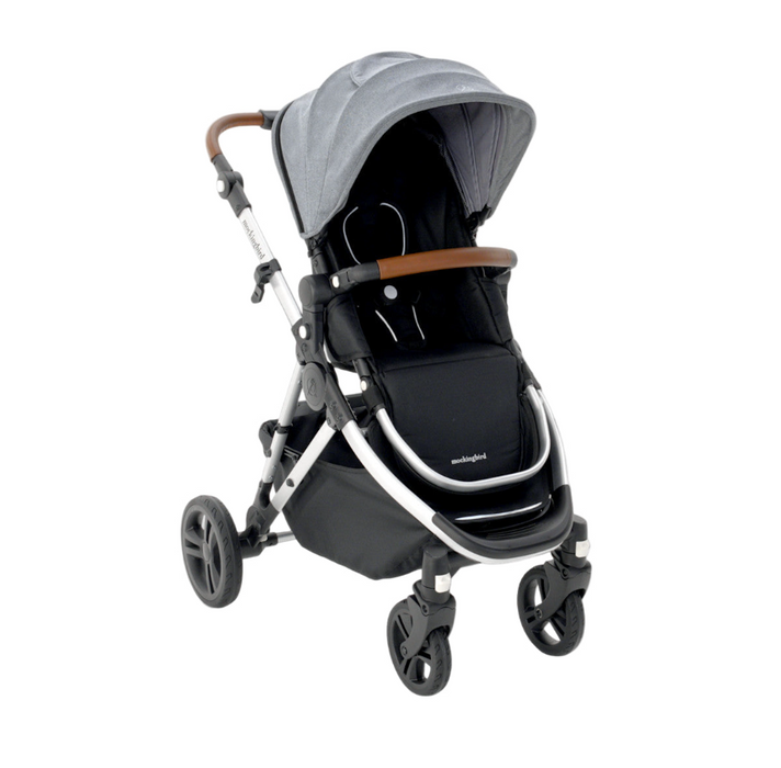 Mockingbird Single 2.0 Stroller, 2025, Heather grey, Silver With Penny Leather, Solid Grey
