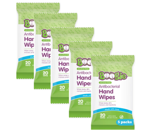 Boogie Antibacterial Hand Wipes, 5 Packs of 20