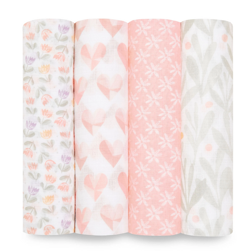 Shop Aden + Anais Cotton Muslin Swaddle, 4 Pack, 47" x 47", Cotton Muslin, Piece of My Heart at GoodBuy Gear