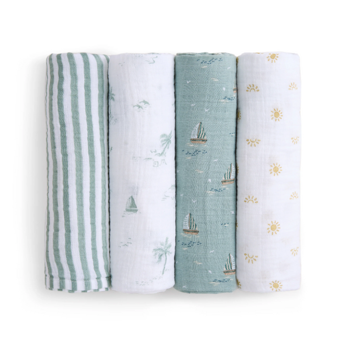 Shop Aden + Anais Cotton Muslin Swaddle, 4 Pack, 47" x 47", Organic Cotton Muslin, Sailing Seas at GoodBuy Gear