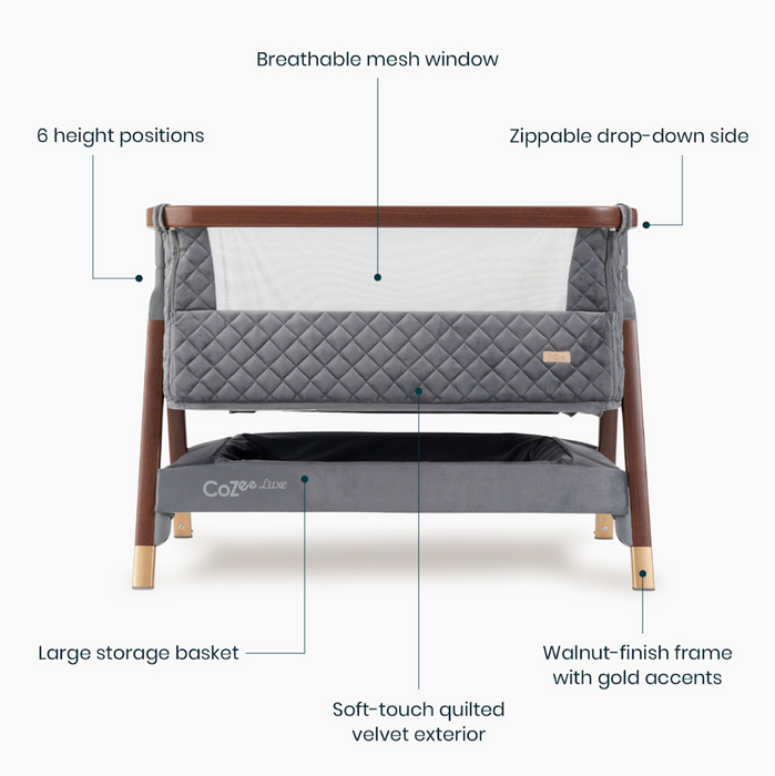 Tutti Bambini Cozee Luxe Bedside Bassinet, Slate/Walnut