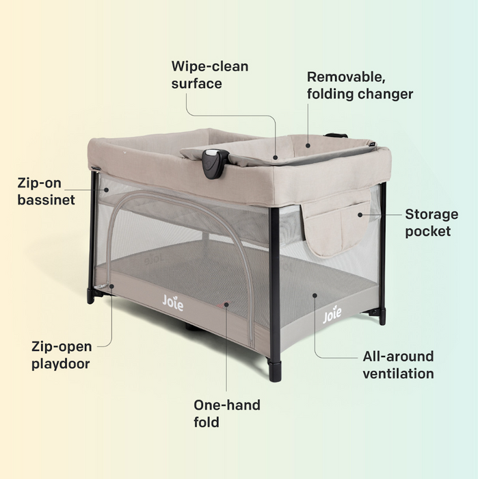 Joie Sesame LX One-Hand Fold Playard with Bassinet & Folding Changer, Dove