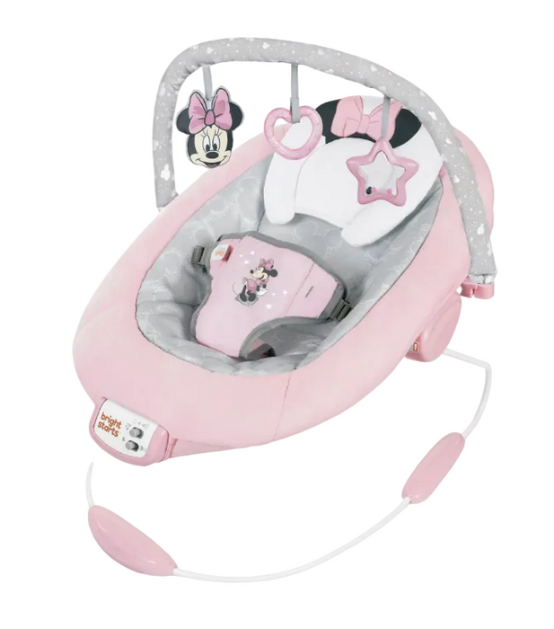 Shop Bright Starts Vibrating Bouncer, Minnie Mouse Rosy Skies at GoodBuy Gear